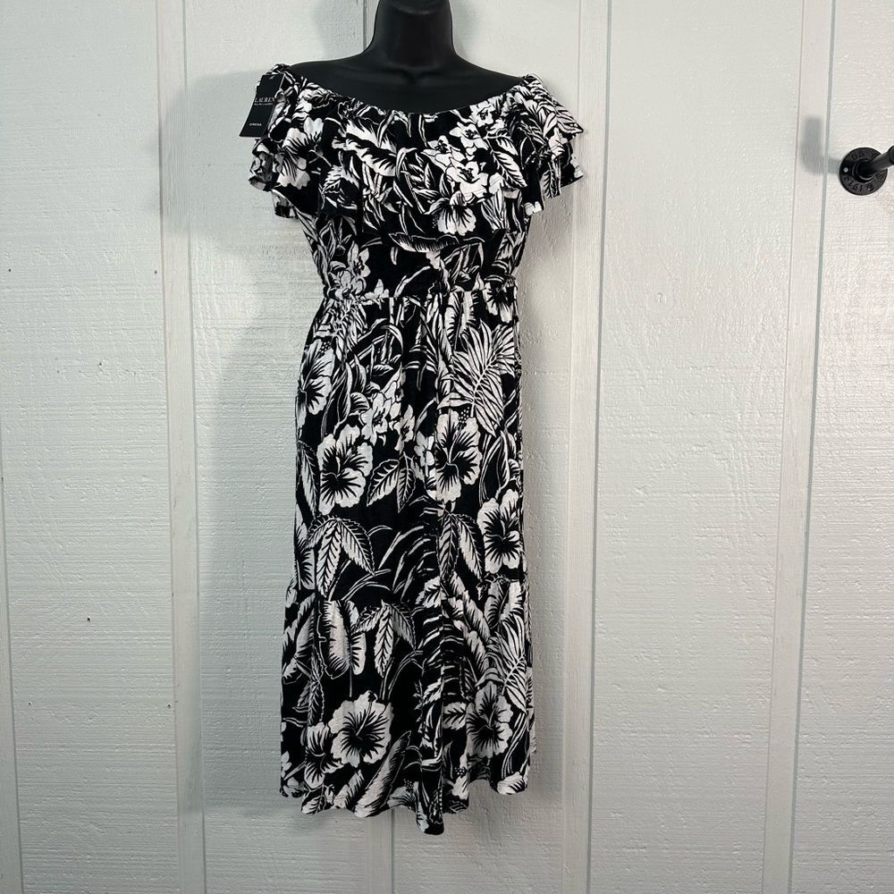 Lauren Ralph Lauren Women's Black and White Floral Jersey r Dress Size 2 NWT - Picture 2 of 11